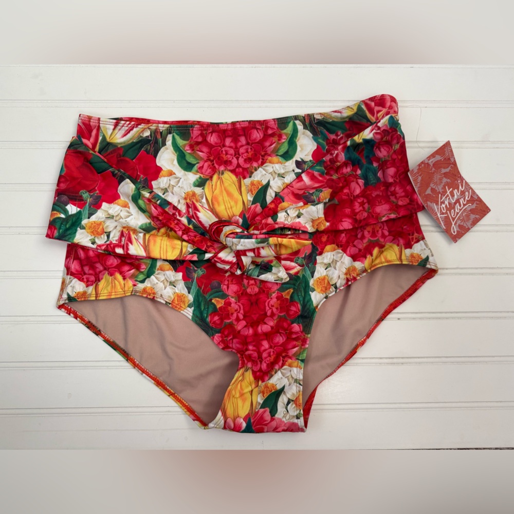 Kortni Jeane Floral High Waist Bikini Bottoms in Red, Yellow, Green, White